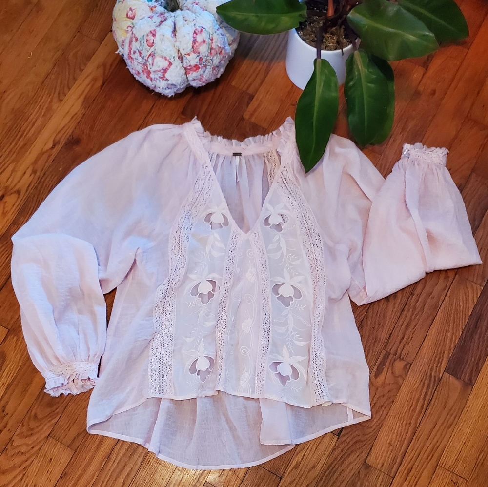 Light Pink Free People Embroidered Blouse